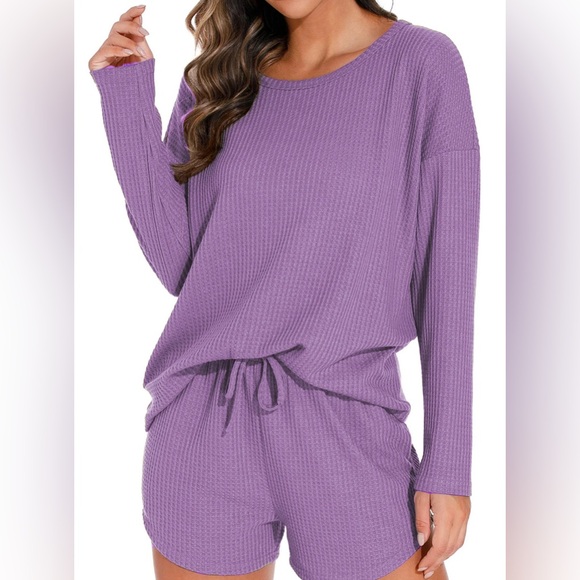 Cozy Waffle Knit Long Sleeve Shirt & Shorts Lounge Set- Purple - Picture 2 of 5